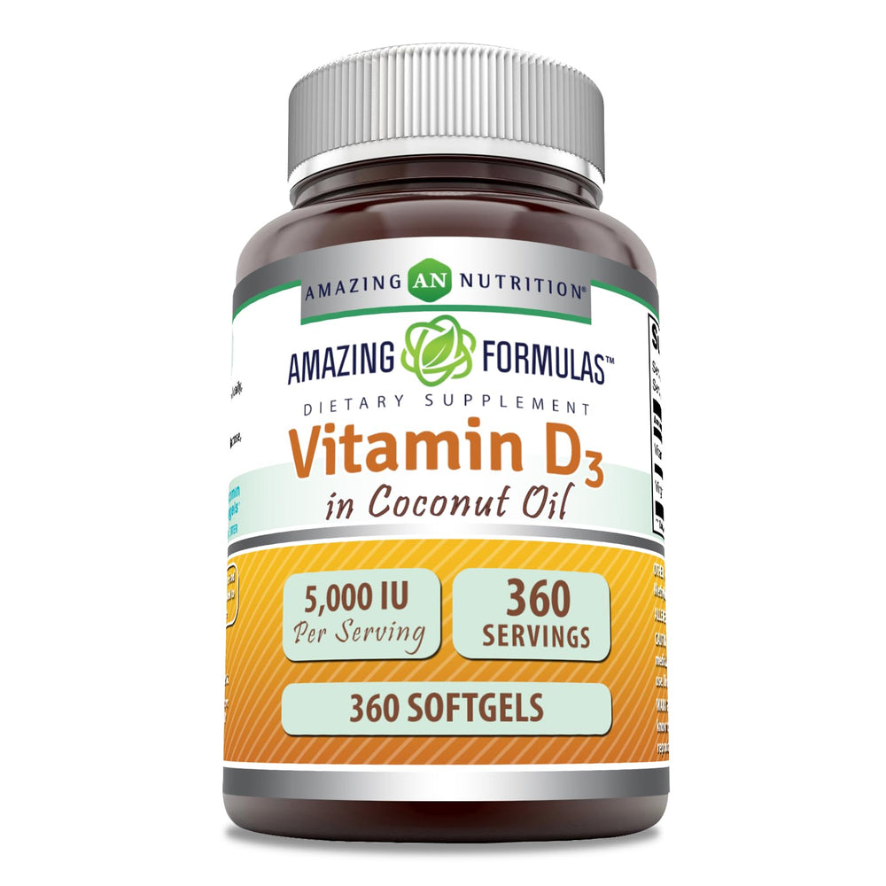 Amazing Nutrition Amazing Formulas Vitamin D3 coconut oil softgel bottle promoting daily wellness.