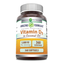 Amazing Nutrition Amazing Formulas Vitamin D3 coconut oil softgel bottle promoting daily wellness.