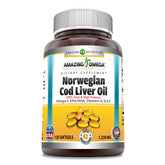 Amazing Nutrition Amazing Omega cod liver oil bottle front shows freshness and high-strength 1250 mg per serving.