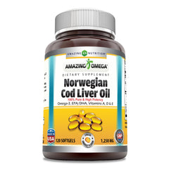 Amazing Nutrition Amazing Omega cod liver oil bottle front shows freshness and high-strength 1250 mg per serving.