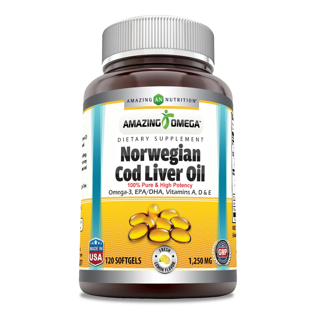 Amazing Nutrition Amazing Omega cod liver oil lemon softgel bottle for daily omega-3 intake