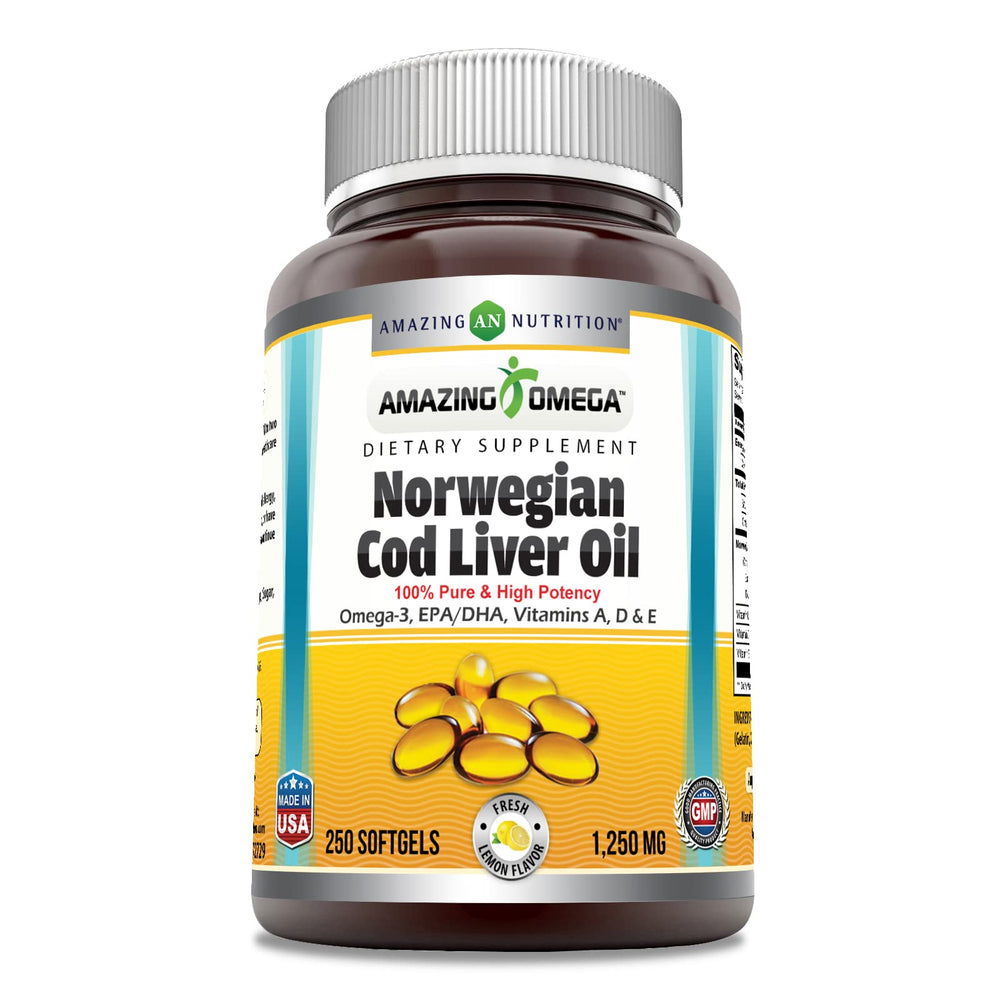Amazing Omega cod liver oil softgels in lemon flavor supporting daily omega-3 intake.