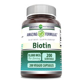 Amazing Nutrition Biotin 10,000 mcg bottle for daily dosage in a vegetarian capsule routine.