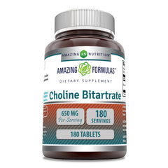 Amazing Nutrition Choline Bitartrate bottle shows 650 mg serving for daily use