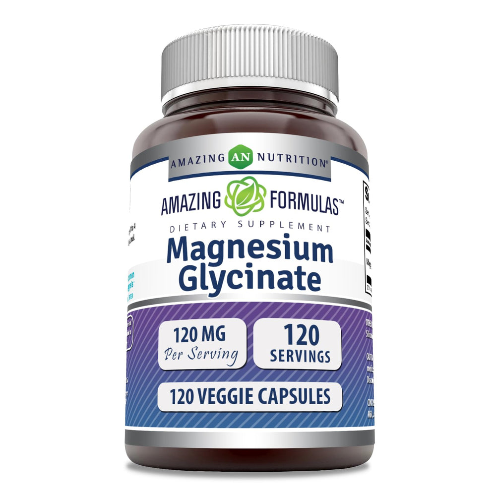 Amazing Nutrition magnesio glicinato 120 mg en botella, apoyo potencial para el bienestar diario.