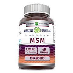 Amazing Nutrition MSM capsules bottle front view, 120-count, 2000 mg per serving for daily wellness.