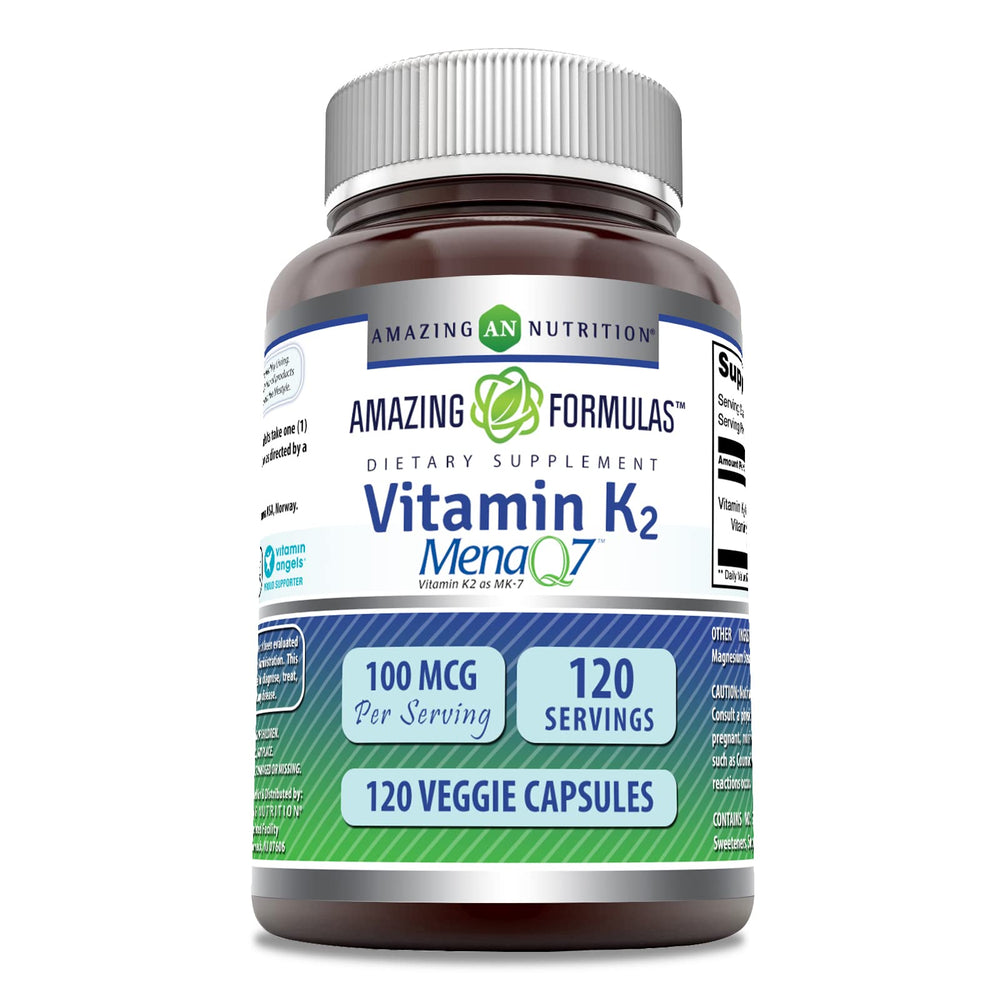 Amazing Nutrition Vitamin K2 MK7 bottle front showing high-potency 100 mcg per serving