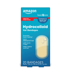 Amazon Basic Care Advanced hydrocolloid bandages for faster healing on blisters and minor wounds.