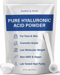 Amber and Misk Hyaluronic Acid Powder with scoop for easy measuring and DIY serums