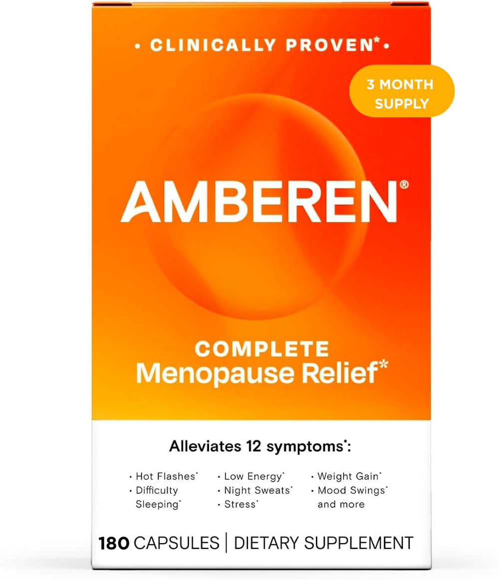 Amberen menopause bottle label showing active ingredients for balance and comfort.