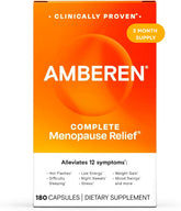 Amberen menopause bottle label showing active ingredients for balance and comfort.