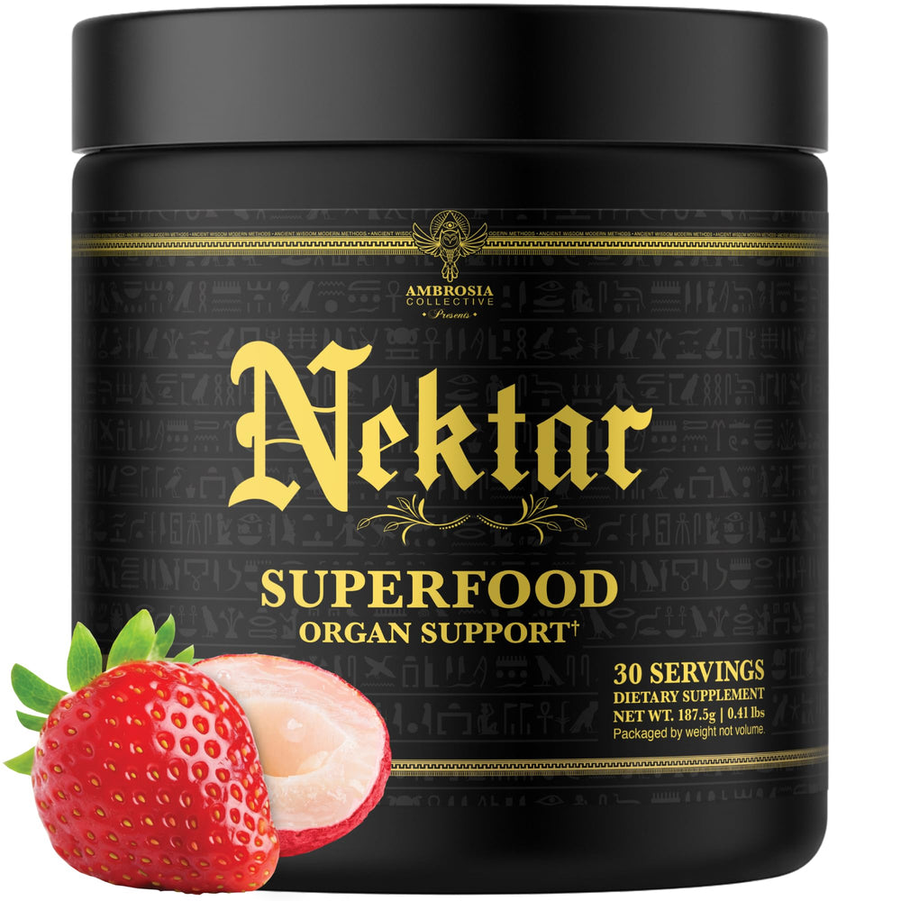 Ambrosia Nektar bottle being poured for a refreshing daily vitality boost and nutrient support.
