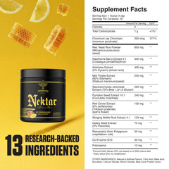 Ambrosia Nektar label closeup noting vegan, gluten-free formula for clean nutrition.