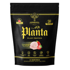 Ambrosia Planta strawberry ice cream tub, premium plant-based protein for post-workout replenishment.