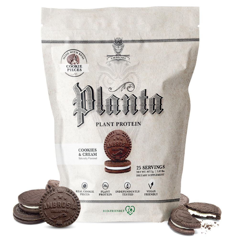 Ambrosia Planta tub front showing 20g protein and dairy-free formula.