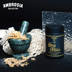 Ambrosia Sea Moss Capsules daily routine setup suggesting energy and mood support.