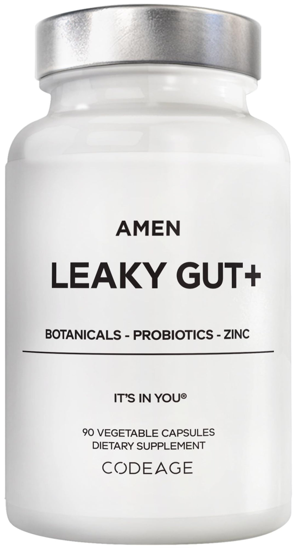 Amen Leaky Gut+ bottle with label signals a gut health supplement.