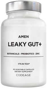 Amen Leaky Gut+ bottle with label signals a gut health supplement.
