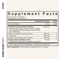 Amen Leaky Gut+ capsules showcase vegan, non-GMO formula for digestive support.