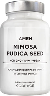 Amen Mimosa Pudica Seeds capsules bottle on shelf for daily vegan routine.