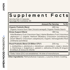 Amen Mood Probiotic bottle cap close-up showing two capsules per day.