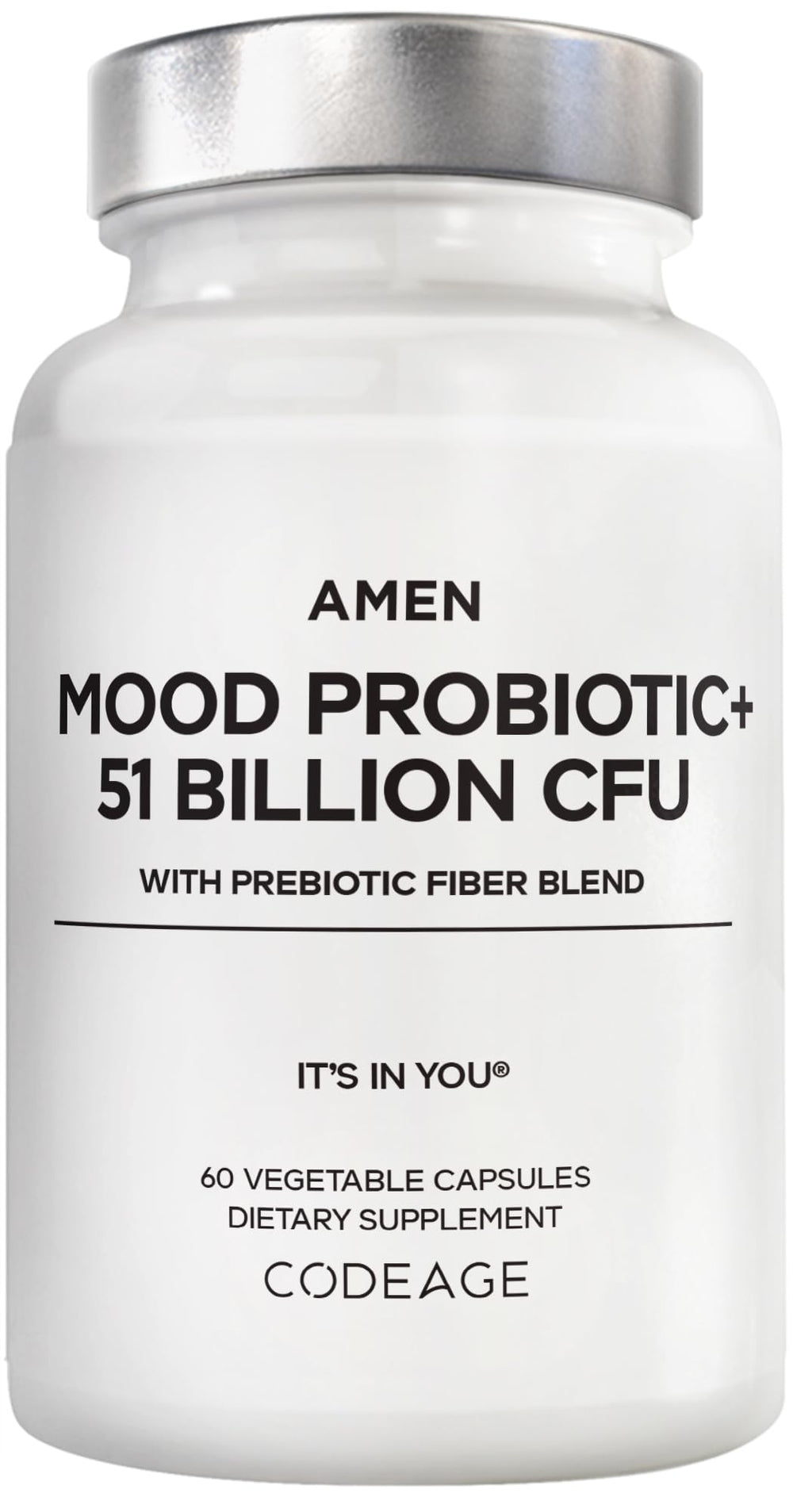 Amen Mood Probiotic bottle front with 51B CFUs for daily gut balance.
