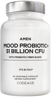 Amen Mood Probiotic bottle front with 51B CFUs for daily gut balance.