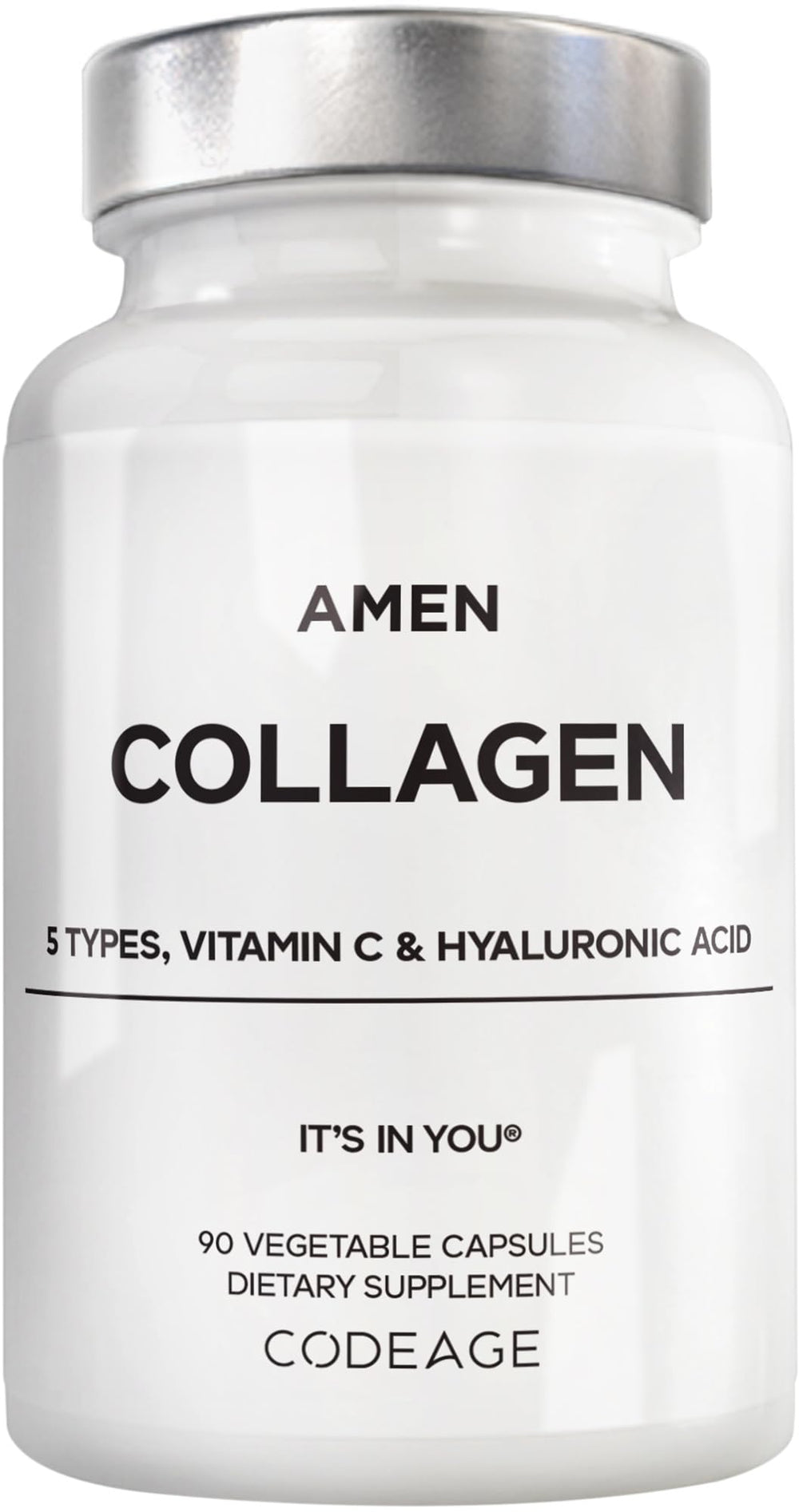 Amen Multi Collagen capsules in a bottle showing five collagen types for daily skin and joints.