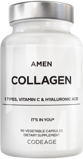 Amen Multi Collagen capsules in a bottle showing five collagen types for daily skin and joints.