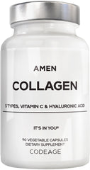 Amen Multi Collagen capsules in a bottle showing five collagen types for daily skin and joints.