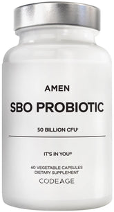 Amen SBO Probiotic bottle label showing 50B CFUs for daily support