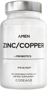 Amen Zinc & Copper Probiotics bottle with three-month supply and easy daily capsules