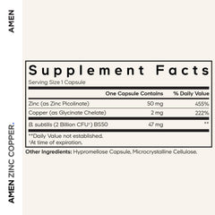 Amen Zinc & Copper Probiotics capsules highlighting vegan, non-GMO formula for everyday use