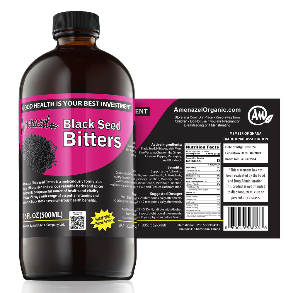 Amenazel Organic Black Seed Bitters bottle supporting immune balance and gentle digestion.