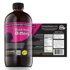 Amenazel Organic Black Seed Bitters bottle supporting immune balance and gentle digestion.