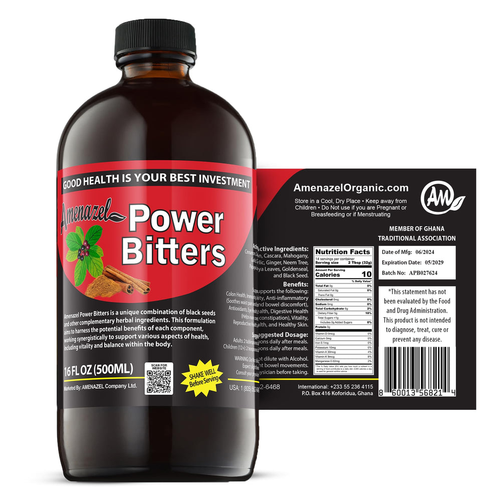 Amenazel Organic Power Bitters bottle highlights a premium tincture for immune support and digestion