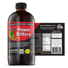 Amenazel Organic Power Bitters bottle highlights a premium tincture for immune support and digestion