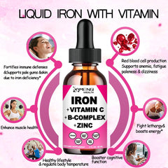 AMENQ hHEALTH iron drops bottle label shows vegan, non-GMO formula
