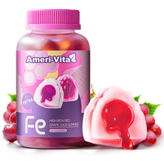 Ameri-Vita heme iron gummies bottle showing grape flavor and easy daily use