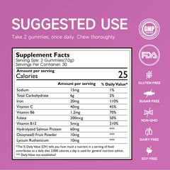 Ameri-Vita vitamins C B12 folate shown with gummy texture and nutrients