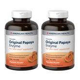 American Health Enzymes packaging shows papaya-based chewables for post-meal digestion support.