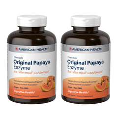 American Health Enzymes packaging shows papaya-based chewables for post-meal digestion support.