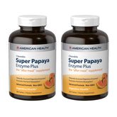 American Health Super Papaya Enzyme Plus bottle close-up showing post-meal digestive support.