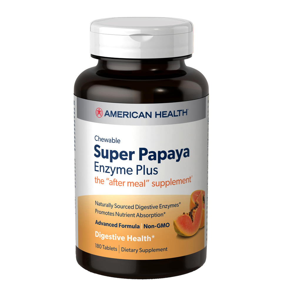 American Health Super Papaya Enzyme+ bottle with chewable tablets for on-the-go digestive support.