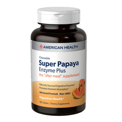 American Health Super Papaya Enzyme+ bottle with chewable tablets for on-the-go digestive support.