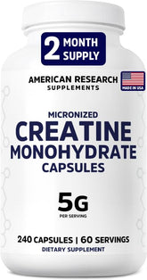 American Research Supplements Creatine Monohydrate Capsules 5G bottle front supports training energy with 5g per serving