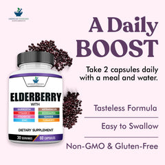 Pouring elderberry extract capsules from the bottle.