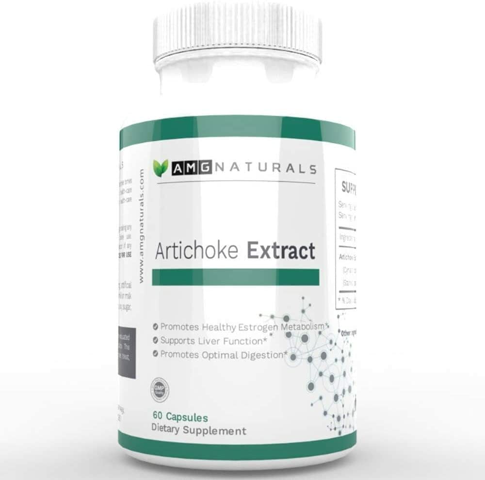 AMG Naturals Artichoke Extract bottle showcasing liver support and digestive comfort.