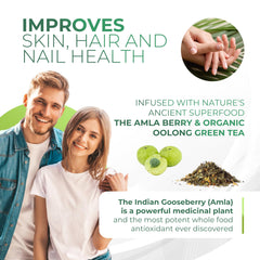 Amla Green scoop dispensing powder into a cup or smoothie.