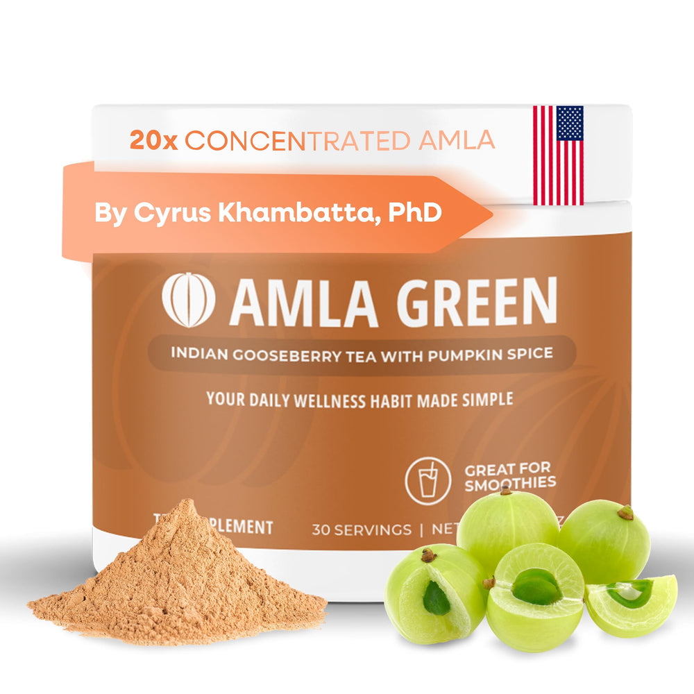 Amla Green pumpkin spice powder tub highlighting high-ORAC antioxidant content.